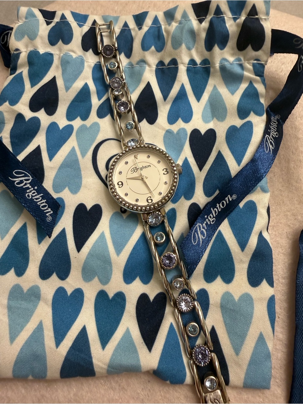 Brighton Corona Watch Silver-Tone Blue and Lavender Swarovski Crystals Retired